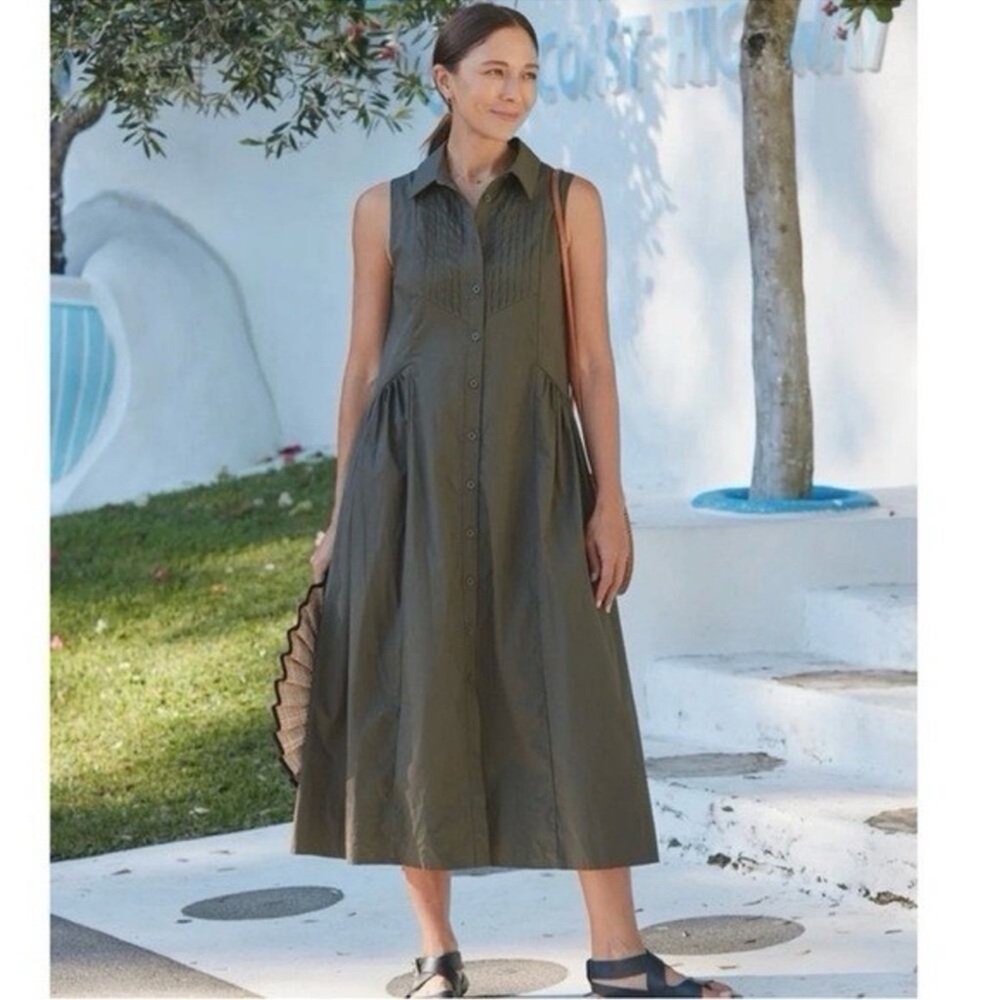 Maye Women’s Green Sleeveless Cotton A Line Button Spring Fashion Dress